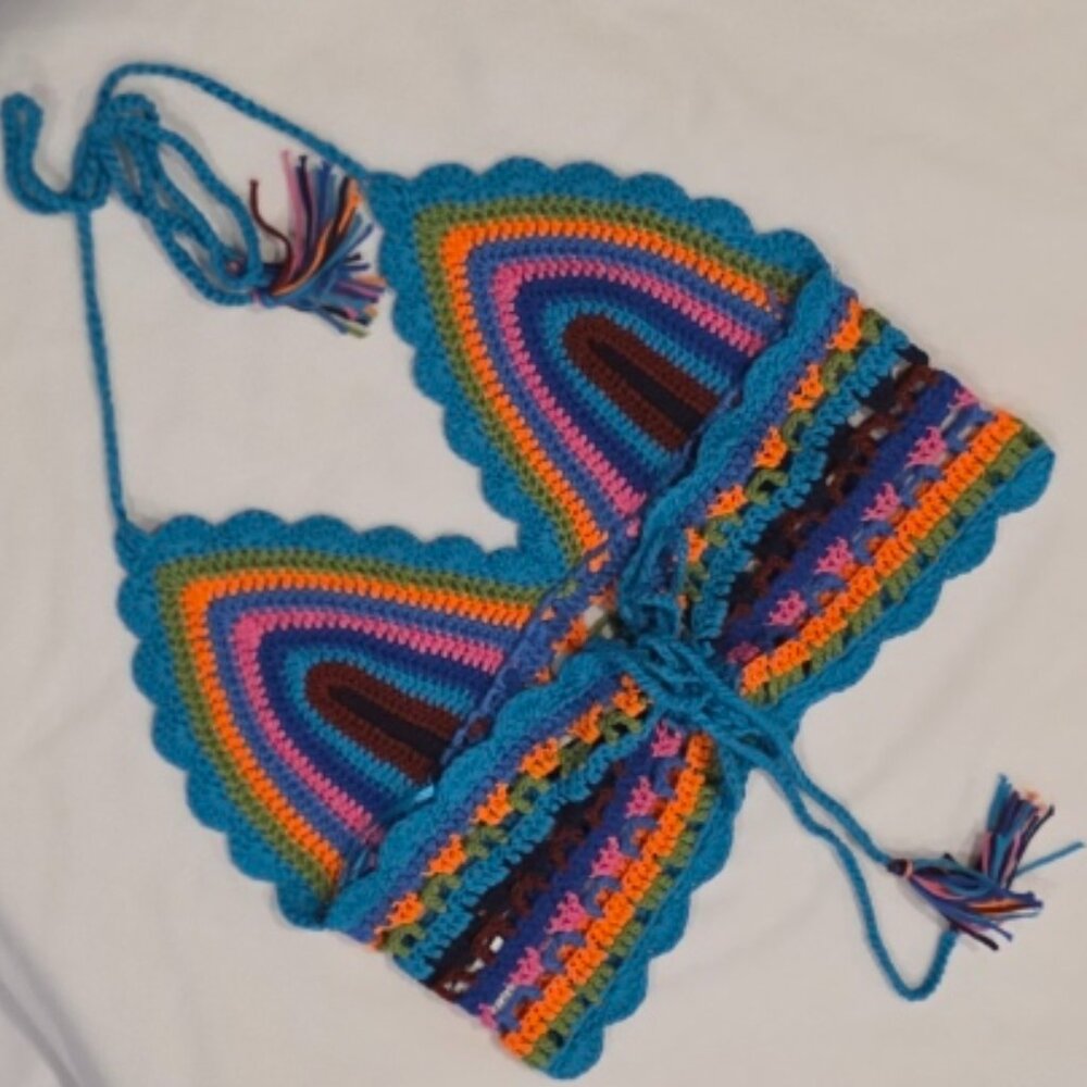 Bestto Boho Festival Crop Top Halter Bralette Size M L Rainbow Tassels - Picture 9 of 16